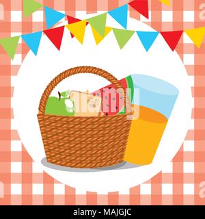 picnic wicker basket apple sandwich watermelon orange juice garland tablecloth vector illustration Stock Vector