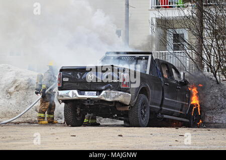 Quebec,Canada.Pick up truck on fire in Rawdon Stock Photo