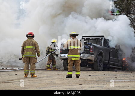Quebec,Canada.Vehicle  on fire in Rawdon Stock Photo