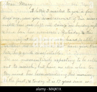 Gives an account of the Battle of Iuka.  Transcription: [September 1861] Dear Mary A letter I mailed to you a few days ago, gave you some account of our movements here, we left our camp on Sunday night & have been here ever since. Yesterday & this morning it has rained very hard, & altho ? we have no tents, those that have gun blankets, keep quite comfortable. We are momentarily expecting to be called out to march, but have no idea where to. My mind has been wandering, this morning, to the past, & to-day it is 17 years since we [section of the letter missing] last, we have been in a terrible b Stock Photo