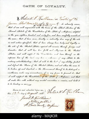 Swears oath of allegiance to the Government of the United States and the State of Missouri. Title: Loyalty oath of Julius W.J. Kurlbaum of Missouri, County of St. Louis  . 24 August 1865. Kurlbaum, J. Stock Photo