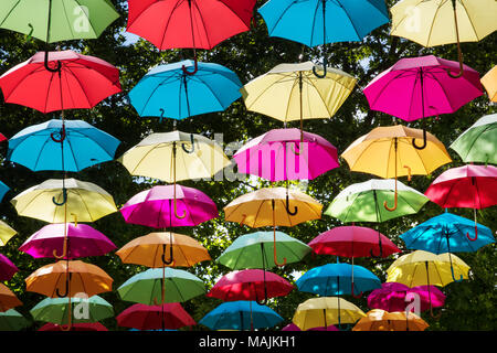 Colorful umbrellas hanging above a street in Saumur, France, creating a vibrant canopy against sunlight and trees during a summer art installation. Stock Photo