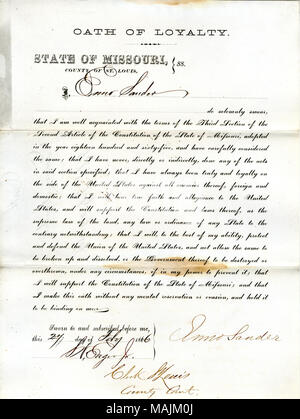 Swears oath of allegiance to the Government of the United States and the State of Missouri. Title: Loyalty oath of Enno Sander of Missouri, County of St. Louis  . 27 February 1866. Sander, E. Stock Photo