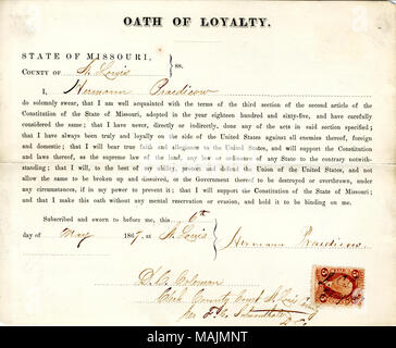 Swears oath of allegiance to the Government of the United States and the State of Missouri. Title: Loyalty oath of Hermann Praedicow of Missouri, County of St. Louis  . 6 May 1867. Stock Photo