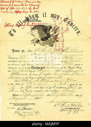 States that Wells was discharged as Captain of Company A of the 38th Illinois Infantry by reason of expiration of term of service. Title: Discharge certificate of Charles H. Wells, August 18, 1864  . 18 August 1864. Summer, S. S. Stock Photo