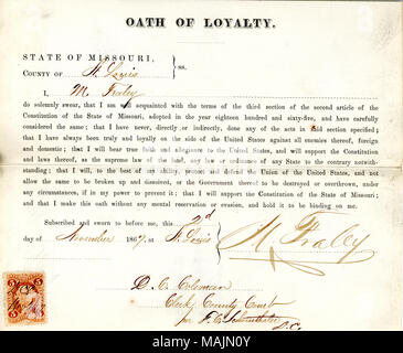 Swears oath of allegiance to the Government of the United States and the State of Missouri. Title: Loyalty oath of M. Fraley of Missouri, County of St. Louis  . 2 November 1867. Fraley, M. Stock Photo