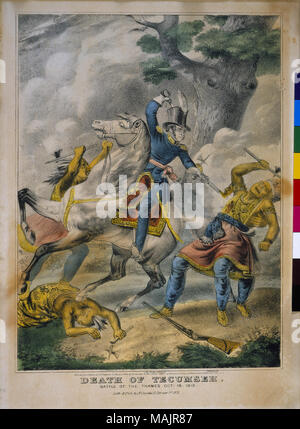 Vertical hand-colored lithograph showing Colonel R. M. Johnson is on horseback being attacked by Indians. He has killed one, is in the process of shooting Tecumseh, and is being ran at from behind by another who had a hatchet. Title: 'Death of Tecumseh. Battle of the Thames. Oct. 18 1813.'.  . 1841. Nathaniel Currier Stock Photo