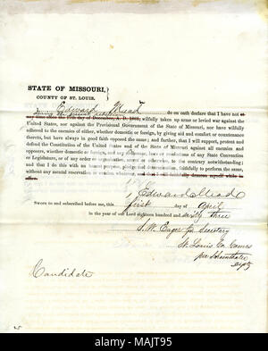 Swears oath of allegiance to the Government of the United States and the State of Missouri. Title: Loyalty Oath of Edward Mead, Candidate, St. Louis.  . 1 April 1863. Mead, Edward Stock Photo