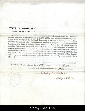 Swears oath of allegiance to the Government of the United States and the State of Missouri. Title: Loyalty Oath of Hermann Eisenhardt, St. Louis.  . 1 April 1863. Eisenhardt, Hermann Stock Photo