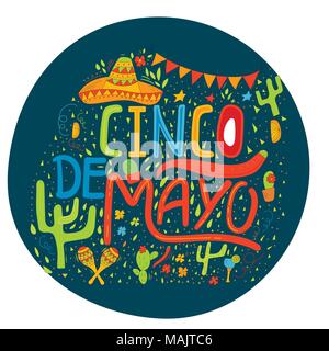 Banner or card for Cinco de Mayo celebration. Holiday poster with hand drawn calligraphy lettering, sombrero, cactus, chilli, tequila and maracas. Vec Stock Vector