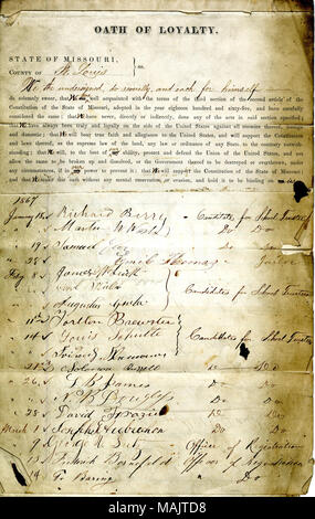 Swears oath of allegiance to the Government of the United States and the State of Missouri. Title: Loyalty Oath of various candidates and officers, St. Louis.  . 5 April 1869. Stock Photo