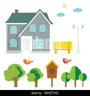 Abstract spring background with cozy home, house, cottage, trees, flowers, bench, birdhouse. Modern building for rent or sale.  Flat design urban land Stock Vector