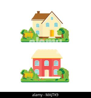 Abstract spring background with cozy home, house, cottage, trees, flowers, bench. Modern building for rent or sale.  Flat design urban landscape. Stock Vector