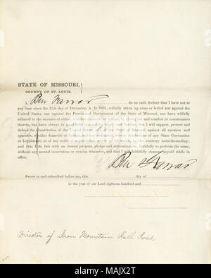 Swears oath of allegiance to the Government of the United States and the State of Missouri. Title: Loyalty oath of Ben Farrar of Missouri, County of St. Louis  . 1 April 1863. Farrar, B. Stock Photo