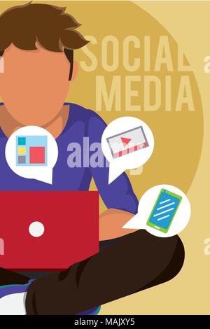 Young man seated using laptop vector illustration graphic design Stock Vector