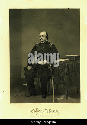 Print of Gen. Butler in uniform with sword, seated next to a table. 'Benj. F. Butler' (signature printed below image). Print taken from a book published by Johnson, Fry and Co., New York. Original painting by Alonzo Chappel. Title: 'Gen. Benjamin F. Butler' (Union).  . 1863.   Alonzo Chappel - Stock Photo