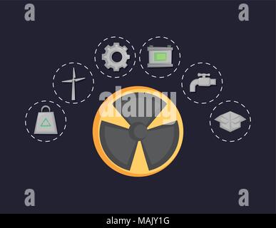 radioactive symbol and ecology related icons around over black background, colorful design. vector illustration Stock Vector