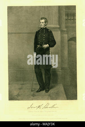 Print of Gen. Hooker in uniform with a sword standing next to steps. 'Joseph Hooker' (signature printed below image). Print taken from a book published by Johnson, Fry and Co., New York. Original painting by Alonzo Chappel. Title: 'Gen. Joseph Hooker' (Union).  . 1863.   Alonzo Chappel - Stock Photo