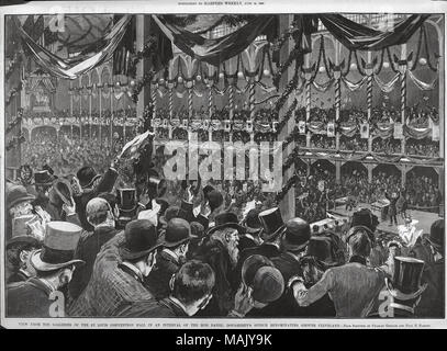 Horizontal wood engraving from the Supplement to Harper's Weekly, June 16, 1888, showing the a large interior space crowded with people. In the right is a speakers dais, where a man stands with his arms raised. Title: 'View from the Galleries of the St. Louis Convention Hall in an Interval of the Hon. Daniel Dougherty's Speech Renominating Grover Cleveland.'.  . 1888. Charles Graham and Paul E. Harney Stock Photo