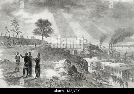 Print of four figures on a ridge in the foreground with several others in the background overlooking train cars, river boats, and capital building. 'View of Jefferson City, Missouri, Showing the new fortifications, and the arrival and Departure of Troops. Harper's Weekly, October 19, 1861, (picture sketched in early October) Page 6 of coated section' (written on obverse side). Title: Jefferson City, Missouri.  . October 1861. Stock Photo