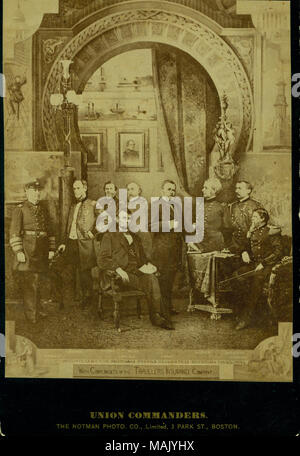 Print of President Lincoln in chair in the foreground surrounded by Union military officers. Grant's image appears to be taken from a later photograph from his presidency. In the background are smaller images of the capital, naval battles, portraits, and monuments. Names of individuals are printed below corresponding image. Printed Below Image: 'With Compliments Of The Travelers Insurance Company.' Title: 'Union Commanders.' (L to R: Farragut, Sherman, Thomas, Lincoln, Meade, Grant, Hooker, Sheridan, Hancock).  . 1884. The Notman Photo Co., Boston Stock Photo