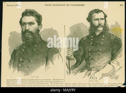 Print of Generals James G. Blunt and Francis J. Herron in uniform with names printed below image. 'JANUARY, 1863] FROM DONELSON TO VICKSBURG 291' (printed above portraits). Reverse side has a print of a crowd of people waiting in line to see several men behind a counter. Image has been colored in '292 HARPER'S PICTORIAL HISTORY OF THE CIVIL WAR. [MARCH, 1862.' (printed above image). 'ISSUING PASSES AT ST. LOUIS.' (printed below image). Title: 'From Donelson To Vicksburg.' (Union Generals James G. Blunt and Francis J. Herron).  . 1863. Stock Photo