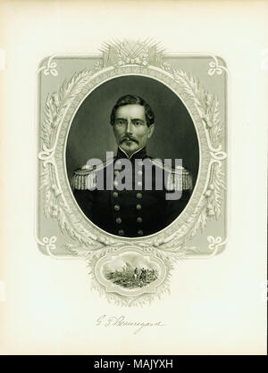 Bust portrait of a man in uniform with an image of a frame around portrait and small battle scene below portrait. 'G. T. Beauregard' (signature printed below image). 'From: The Great Civil War - Vol. I by Robt. Tomes, M. D. and Benjamin G. Smith New York Virtue and Yorston 12 Dey [?] Street' (written on reverse side). Taken from 'The Great Civil War, vol. I.' by Robert Tomes, M.D. and Benjamin G. Smith. Book was published by Virtue and Yorston, 1865. Title: Gustave T. Beauregard, General (Confederate).  . 1865. Stock Photo