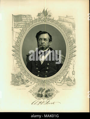 Bust portrait of a man in uniform surrounded by an image of a frame and smaller images of a naval battle scene, cannon, anchor, flag, and ship masts. 'A. H. Foote' (signature printed below image). 'From: The Great Civil War - Vo. II by Robt. Tomes, M. D. and Benjamin G. Smith New York Virtue and Yorston 12 Dey [?] Street 1865' (written on reverse side). Taken from 'The Great Civil War, vol. II.' by Robert Tomes, M.D. and Benjamin G. Smith. Book was published by Virtue and Yorston, 1865. Title: Andrew H. Foote, Admiral (Union).  . 1865. G. Stodart Stock Photo