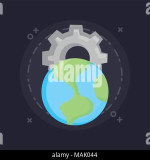 earth planet and gear wheel over black background, colorful design ...