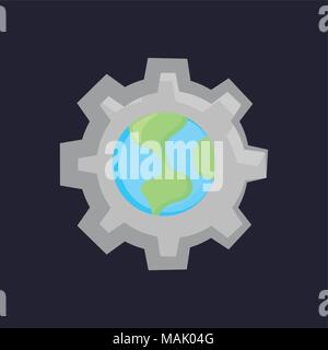 earth planet and gear wheel over black background, colorful design ...