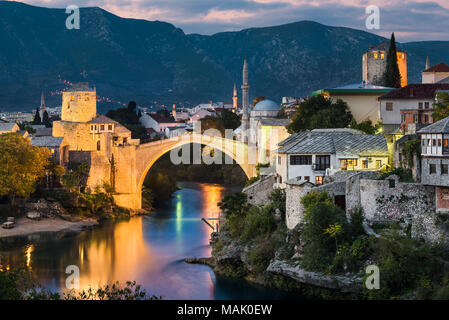 Old Bridge at night in Mostar, Bosnia and Herzegovina Stock Photo