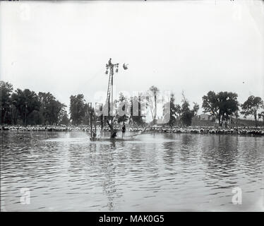 Vertical, black and white photograph showing male divers jumping from a high-dive platform that has been improvised at the top of a light pole at Fairground Park Pool. One diver is shown in mid-air, while another is perched atop the light pole. A ladder leads from the diving board platform to the top of the light pole. The diving board platform is in the middle of the pool and also features two low diving boards and a lower high-dive diving board. Four other swimmers are watching the diver from the platform, and a large crowd watches from the shore in the background. Title: Lifeguards climb to Stock Photo