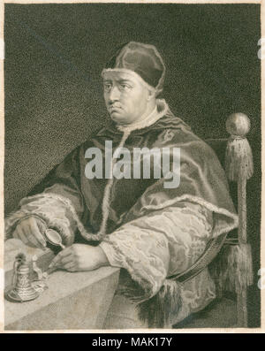 Antique c1820 engraving, Pope Leo X. Pope Leo X (1475-1521), born Giovanni di Lorenzo de' Medici, was Pope from 9 March 1513 to his death in 1521. SOURCE: ORIGINAL ENGRAVING portrait; steel, engraving; engraved; antique; old; art; print; illustration; historic, historical, archival, archive, b&w, black and white, 1860s, 1870s, 1800s, nineteenth century; 19th century Stock Photo