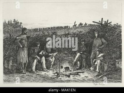 Print of six uniformed soldiers around a campfire. Two are standing and four are sitting. In the background, behind a split-rail fence, is a long line of soldiers led by four men on horses. 'Coffee Coolers' (written below image). 'Copy-righted 1876 by E. Forbes.' and 'PLATE 12.' (printed below image). Title: 'Coffee Coolers.'  . 1876. Edwin Forbes Stock Photo