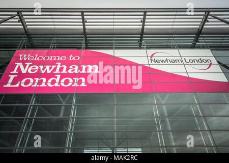 Welcome to London Borough of Newham sign on the exterior of Adult Social Services, Dockside Road, London, N16 Stock Photo