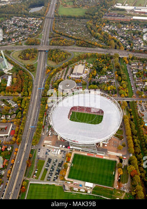 Aerial view, BayArena, Bay Arena, Bayer Leverkusen vs. FSC Mainz 2: 2, football stadium, Bundesliga, fan blocks, Leverkusen, Rhineland, North Rhine-We Stock Photo