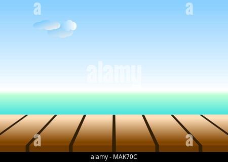 Empty bench top over background of turquoise sea with sky, clouds, and the horizon line. Stock Vector