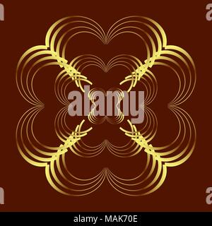 Abstract curve pattern in gold colored on dark brown background; heart, flower shapes. Vector illustration. Stock Vector