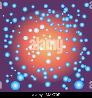 Abstract pattern of blue colored bubbles in various sizes flying in gradient yellow, orange, and violet colored space. Vector illustration. Stock Vector