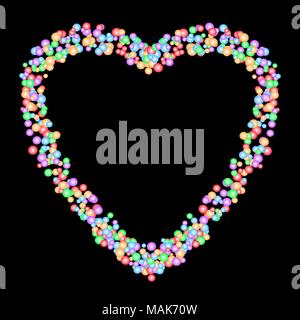 Heart shape pattern formed by colorful bubbles in various sizes isolated on black background. Vector illustration. Stock Vector