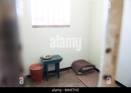 Nelson Mandela's cramped cell on Robben Island, where he was held as a political prisoner, off Cape Town, South Africa Stock Photo