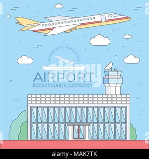 flat building airport with flying plane tour concept background.  Vector illustration for colorful template for you web and mobile applications. Thin lines style design Stock Vector