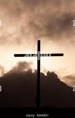 Cross, crucifix, at the Calvary scene set up on a moody, cloudy Good friday for the Passion Play in the Plaza de Espana, Adeje, tenerife, Canary islan Stock Photo