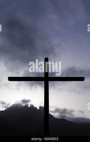 Cross, crucifix, at the Calvary scene set up on a moody, cloudy Good friday for the Passion Play in the Plaza de Espana, Adeje, tenerife, Canary islan Stock Photo