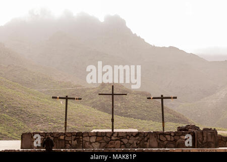 Cross, crucifix, at the Calvary scene set up on a moody, cloudy Good friday for the Passion Play in the Plaza de Espana, Adeje, tenerife, Canary islan Stock Photo