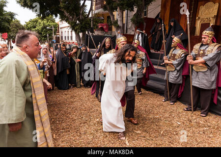 Jesus Christ arrested and taken to trial in the annual Good Friday Passion Play on the Calle Grande, Adeje, Tenerife, Canary Islands, Spain, Stock Photo