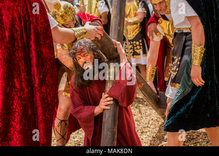 Jesus Christ carries the cross wearing the crown of thorns in a scene from the annual Good Friday Passion play on Calle Grande, Adeje, Tenerife, Canar Stock Photo