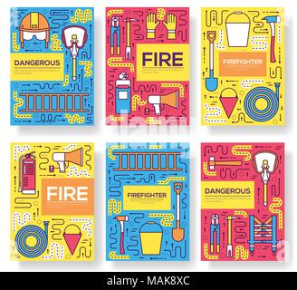 Flat firefighter uniform vector brochure cards thin line set. first help template of flyear, magazines, posters, book cover, banners. Layout  instruments outline illustrations modern pages. Stock Vector