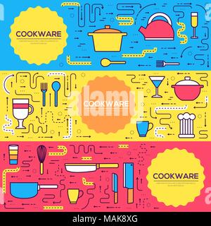 Premium quality cookware vector brochure cards thin line set. Kitchen table linear template of flyear, magazines, posters, book cover, banners. Layout  cooking in house outline modern pages Stock Vector