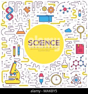 Thin line scientific modern illustration concept. Infographic way from thinking the idea to the research. Icons isolated on white background. Flat vector template Stock Vector